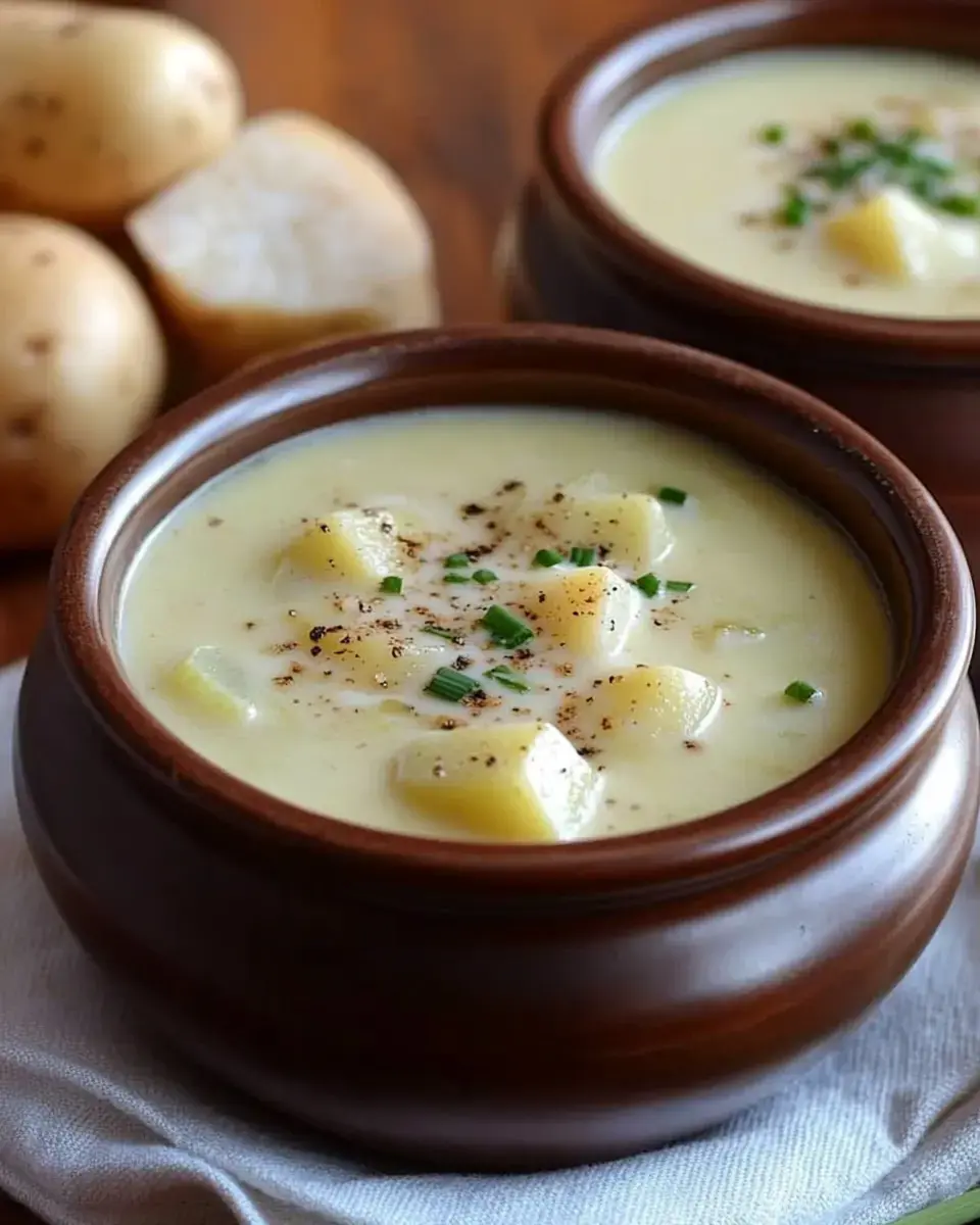 A close-up of two bowls of creamy potato soup garnished with chives, alongside whole and halved potatoes on a wooden surface.