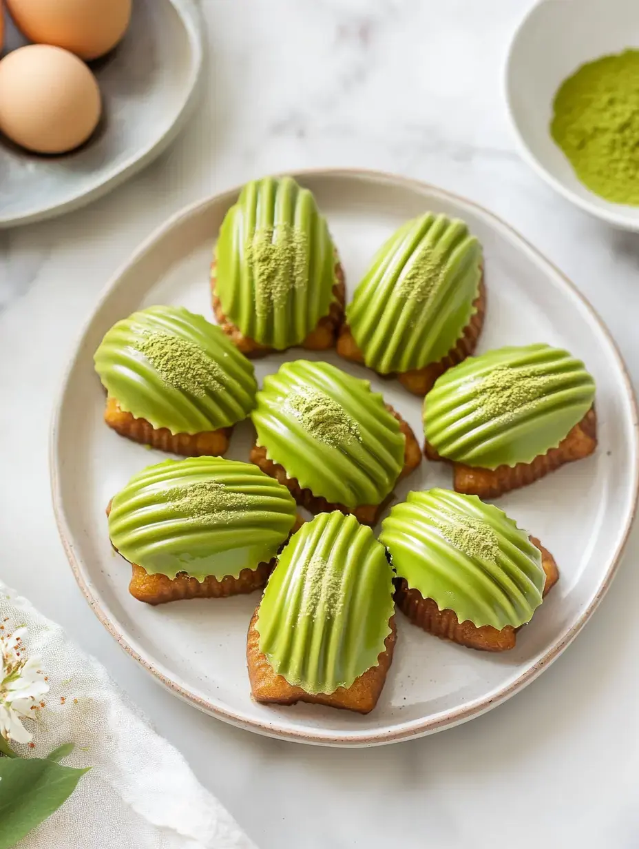 A plate of vibrant green-frosted pastries with a ribbed design, surrounded by fresh eggs and matcha powder.