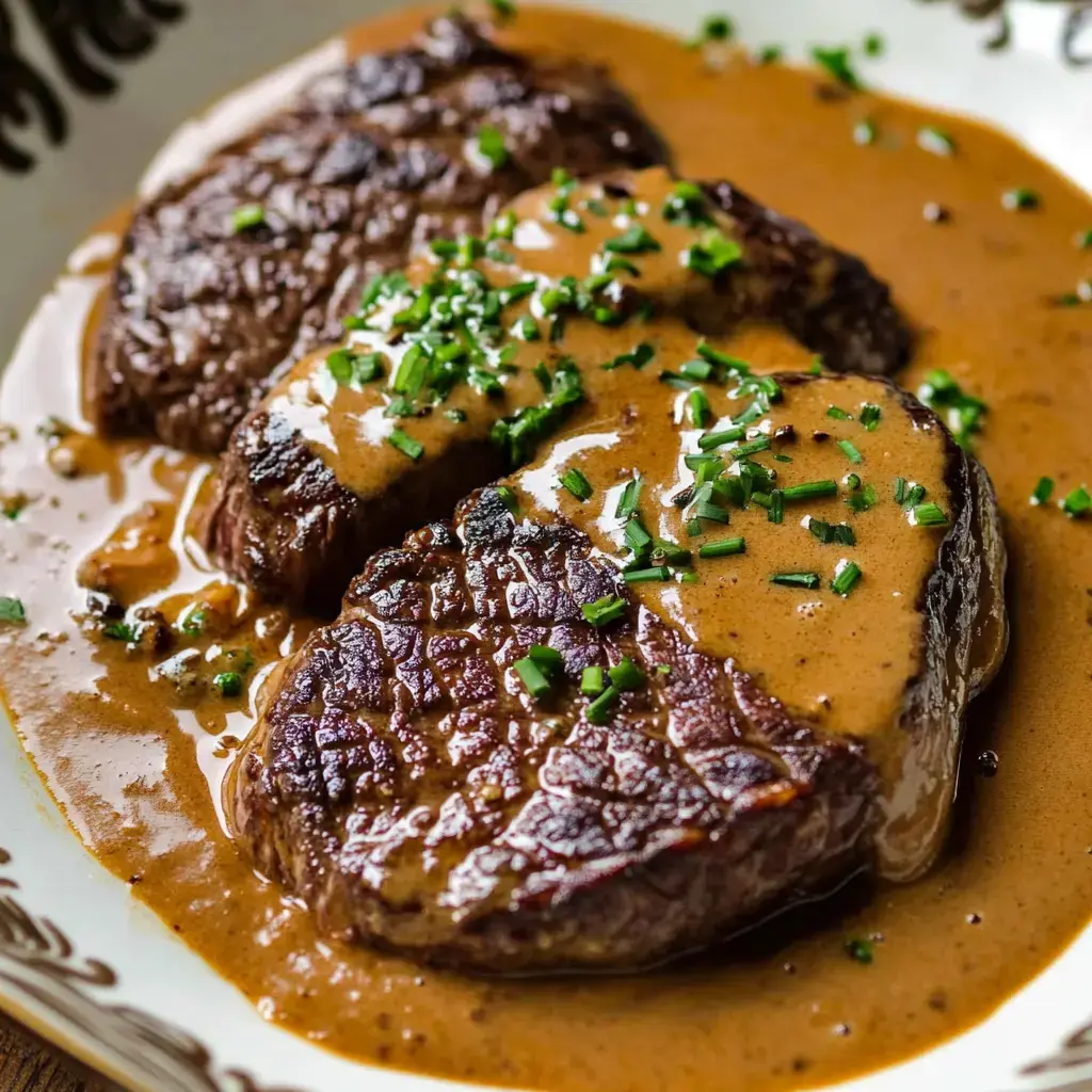 A plate of tender beef steaks topped with a creamy sauce and garnished with chopped chives.