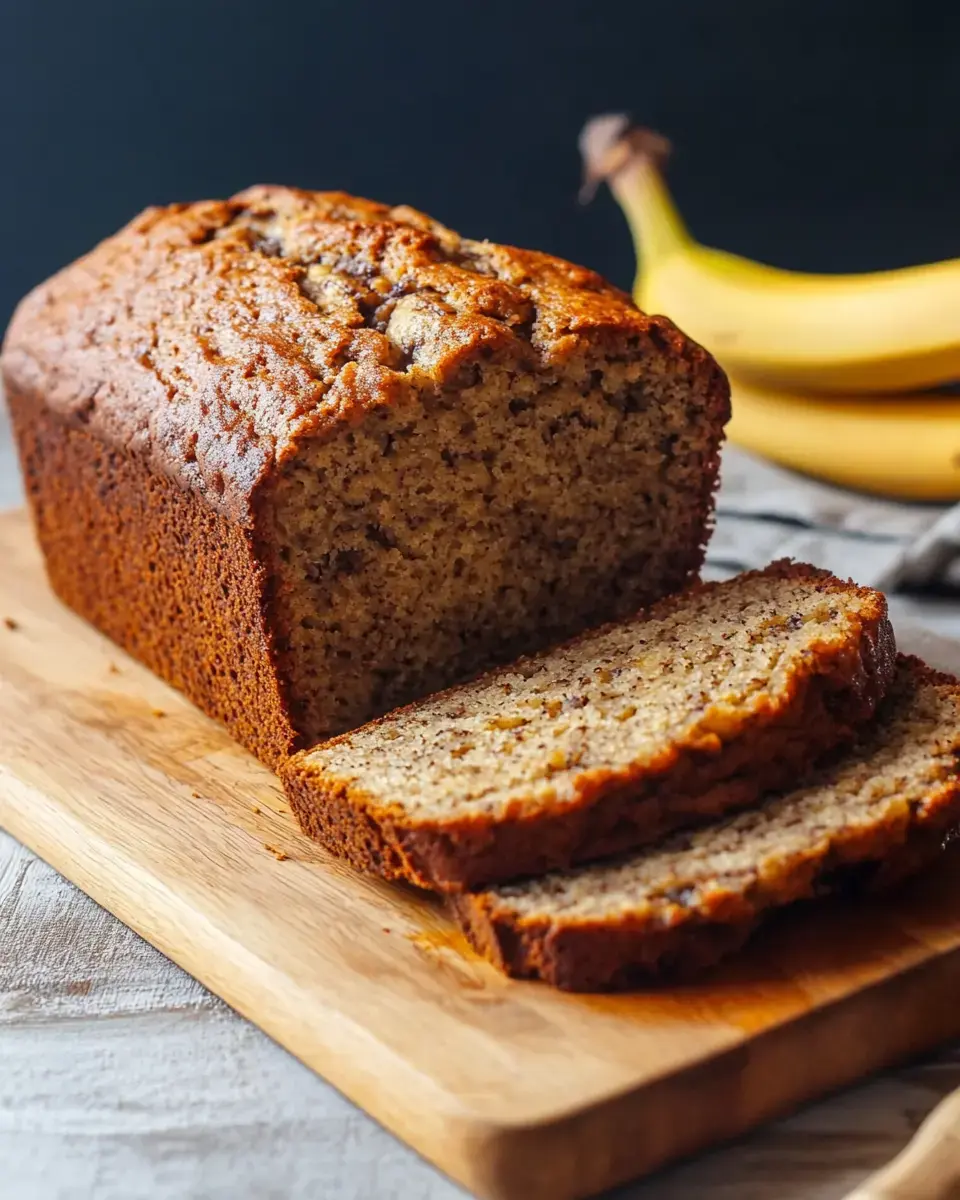 A freshly baked loaf of banana bread is sliced on a wooden cutting board, with whole bananas in the background.