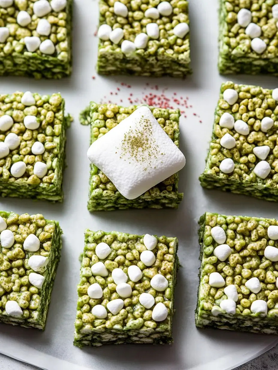 A close-up of square green treats topped with mini marshmallows arranged on a white plate.