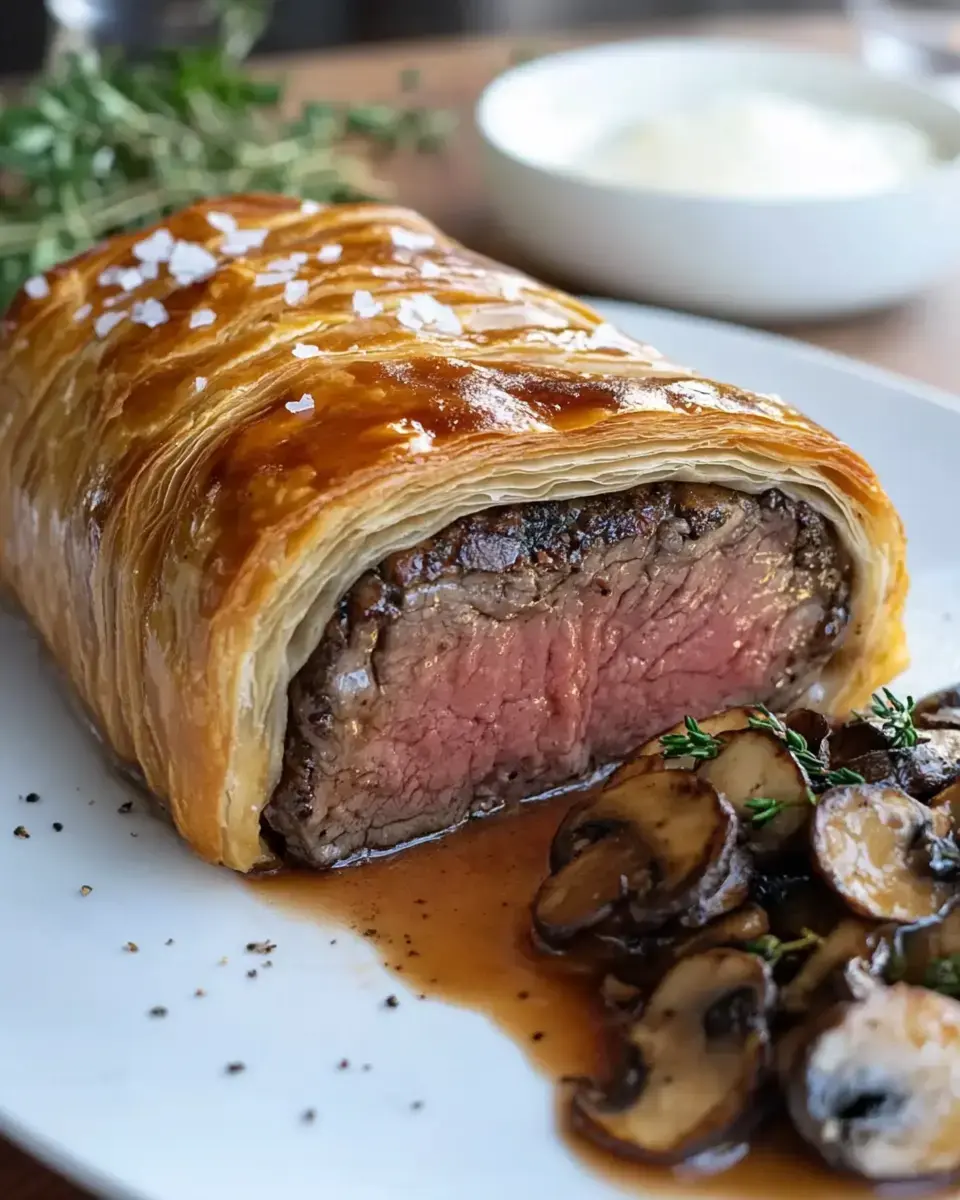 A perfectly cooked beef Wellington is sliced open, revealing pink beef inside the flaky pastry, accompanied by sautéed mushrooms and herbs on the side.