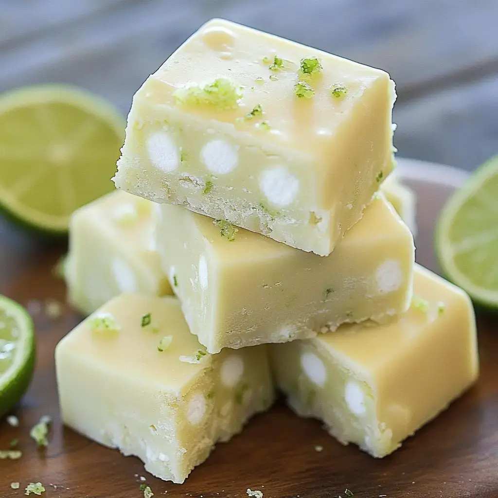 A stack of creamy lime fudge squares garnished with lime zest, accompanied by halved lime slices.