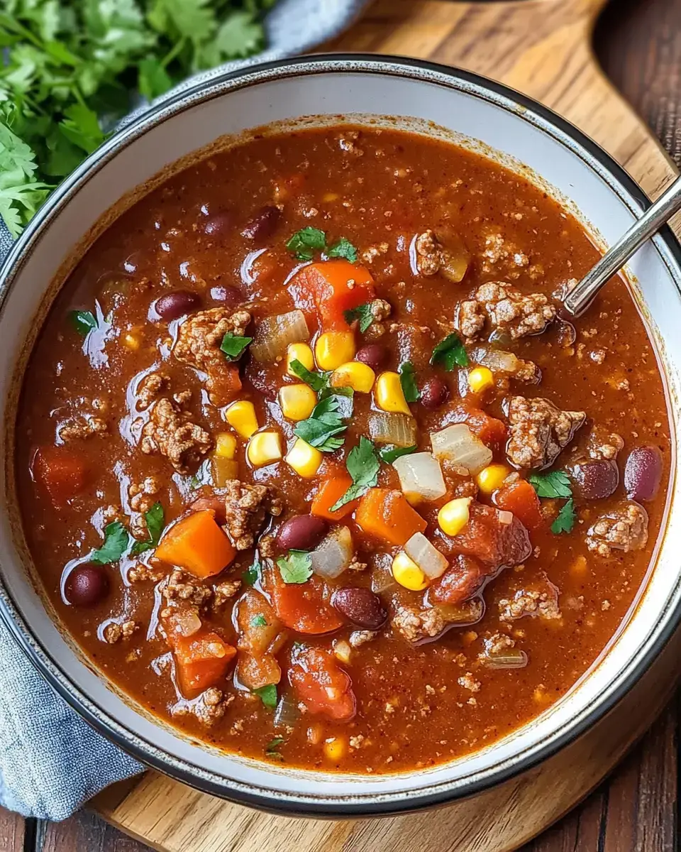 A bowl of hearty chili containing ground meat, beans, corn, and diced vegetables, garnished with fresh cilantro.