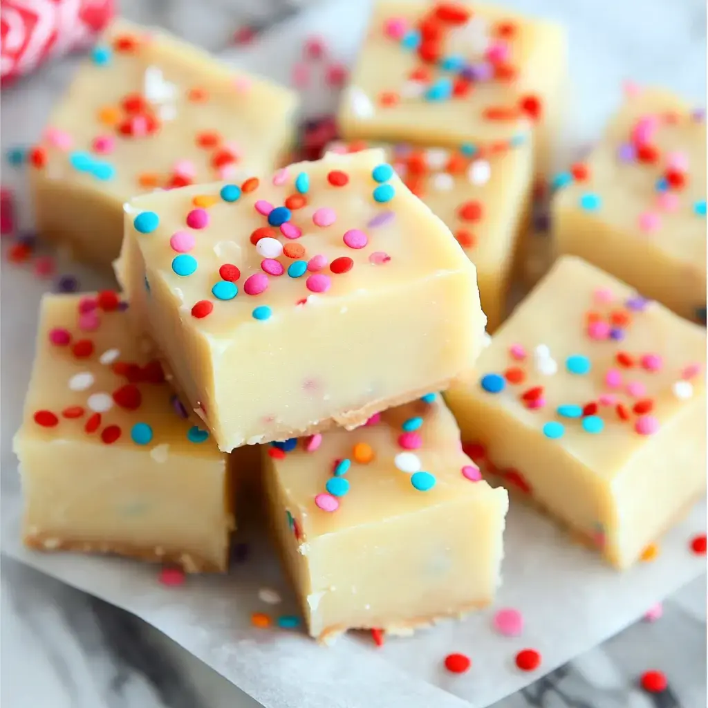 A close-up of colorful, sprinkled fudge square pieces arranged on parchment paper.