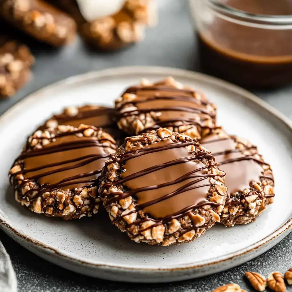 A plate of chocolate-drizzled cookies with a crunchy texture, surrounded by a jar of chocolate sauce.