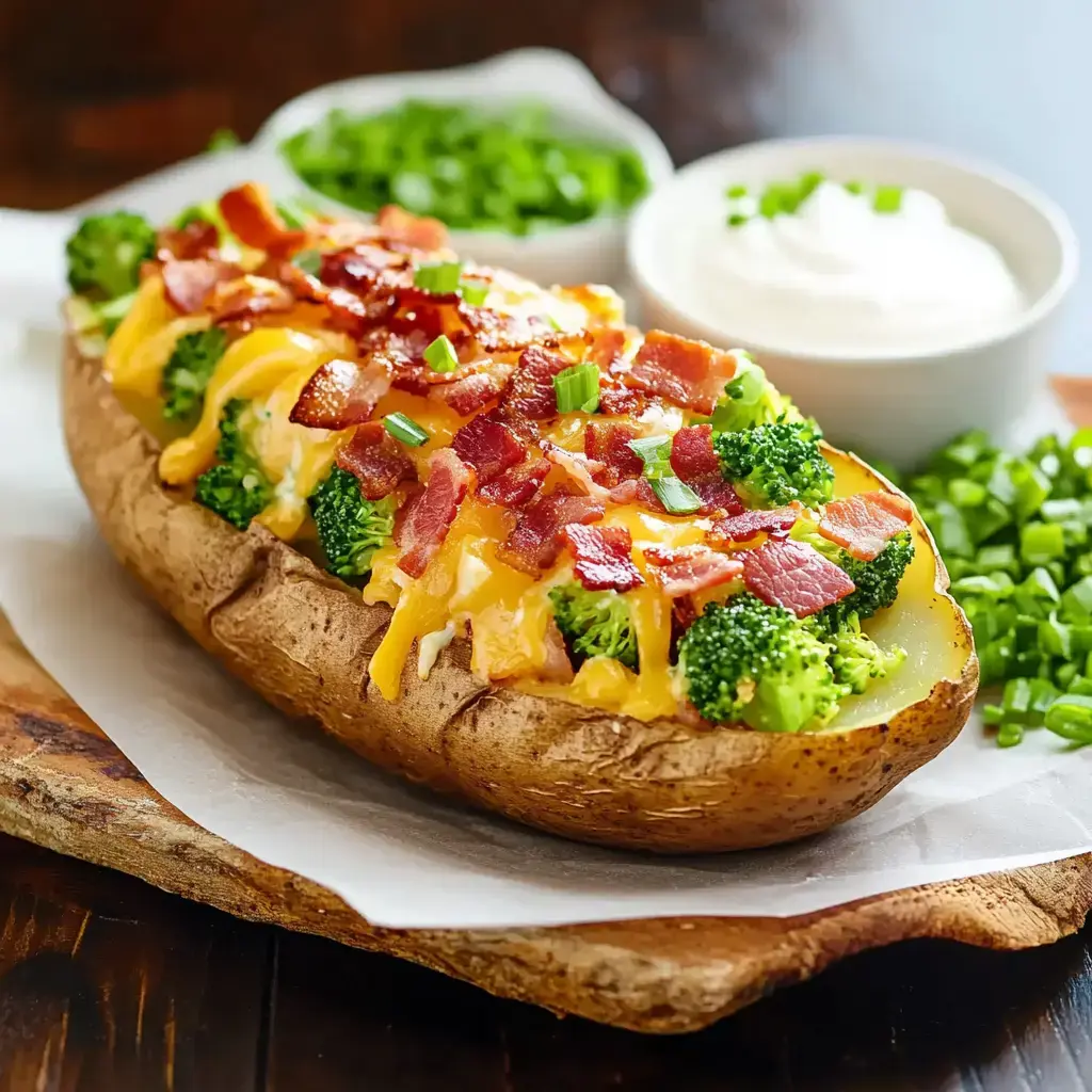 A loaded baked potato topped with cheese, broccoli, bacon bits, and chopped green onions, accompanied by sour cream and additional green onions on the side.