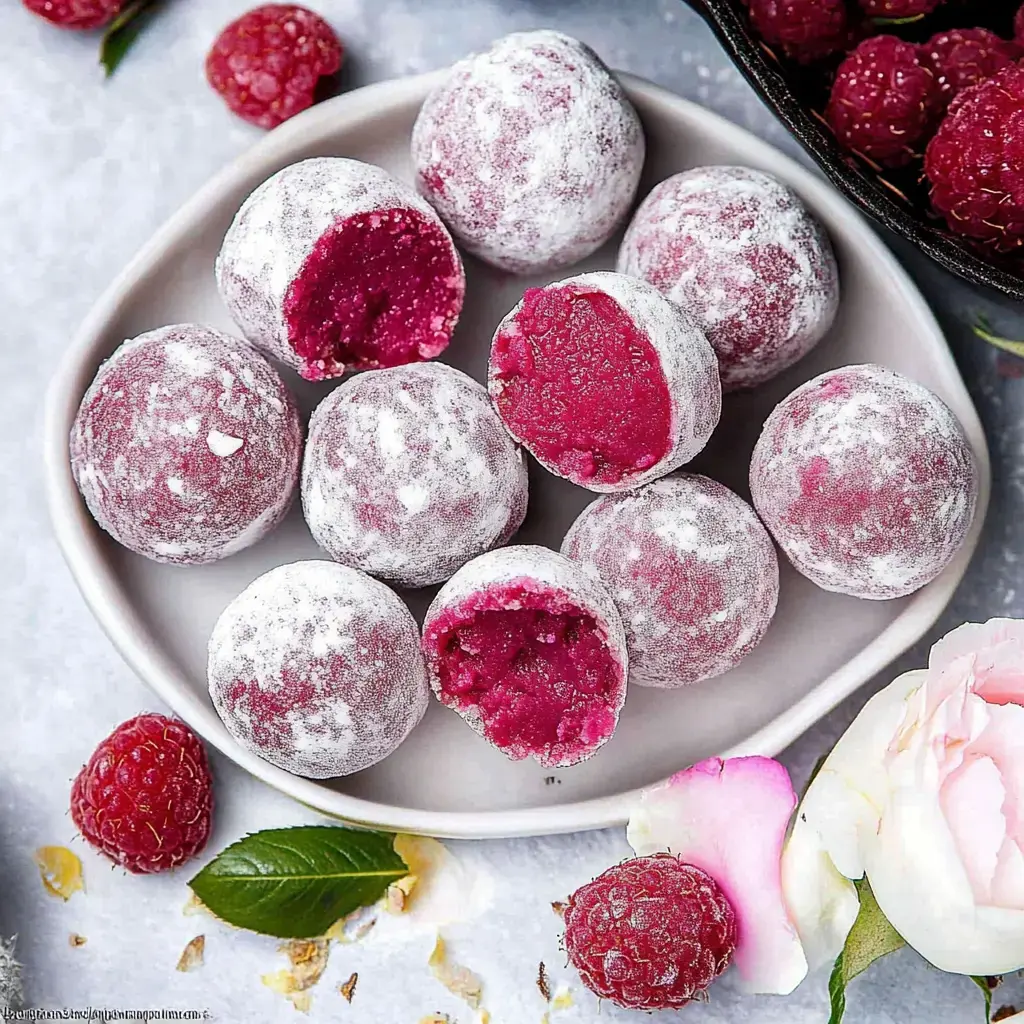 A plate of pink-hued dessert balls, some whole and some cut in half, revealing a vibrant raspberry filling, surrounded by fresh raspberries and rose petals.