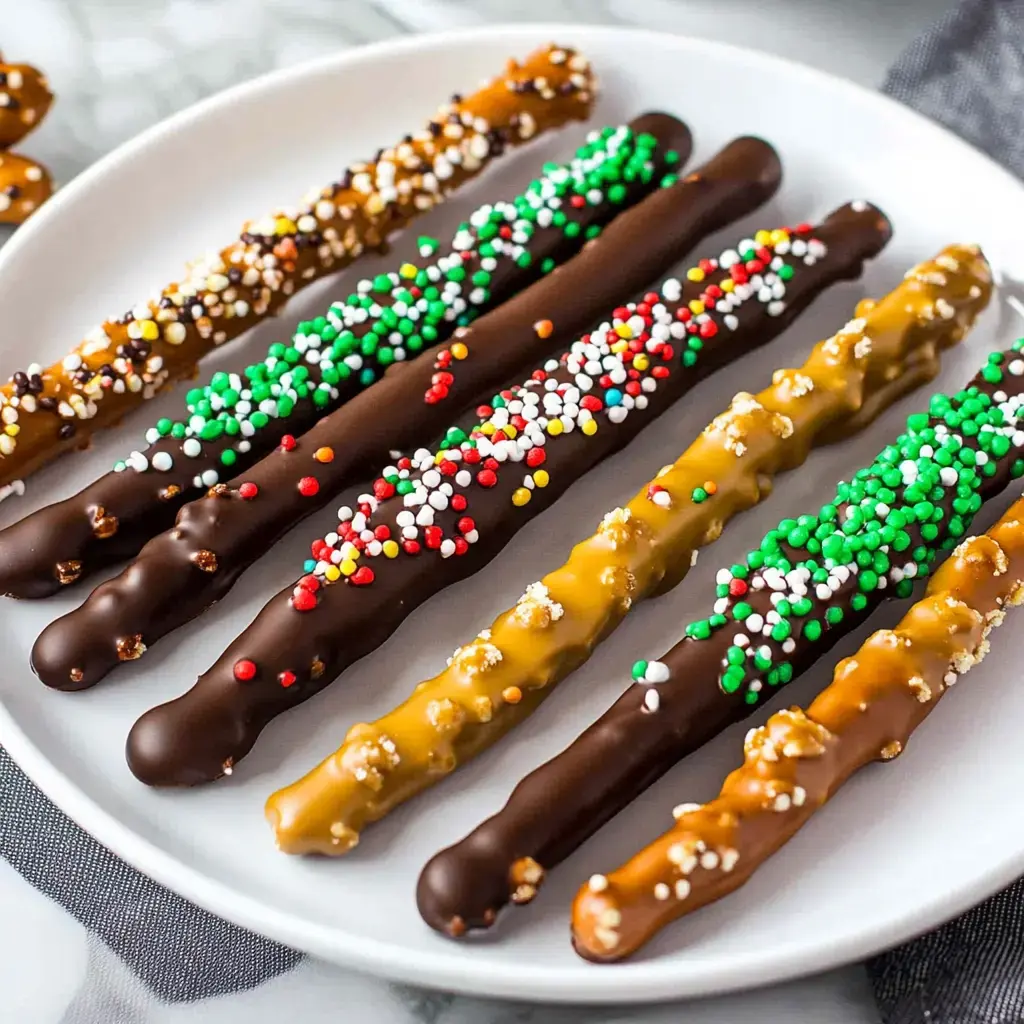 A plate of decorated chocolate-covered pretzel rods with various colorful sprinkles.