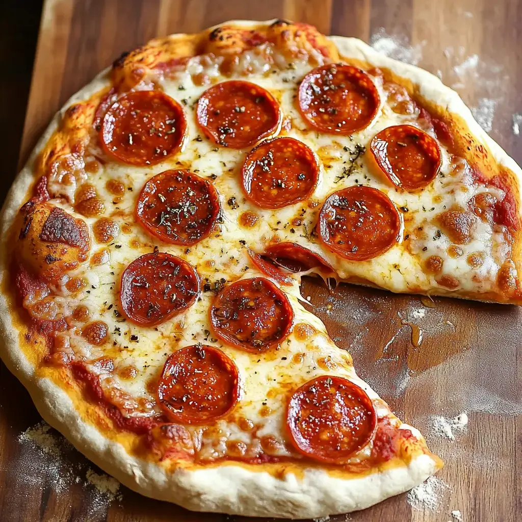 A freshly baked pepperoni pizza with melted cheese sits on a wooden surface, with a slice removed.