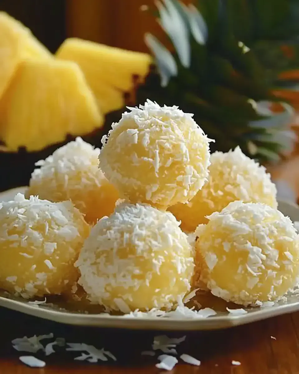 A plate of coconut-covered dessert balls, with fresh pineapple slices in the background.