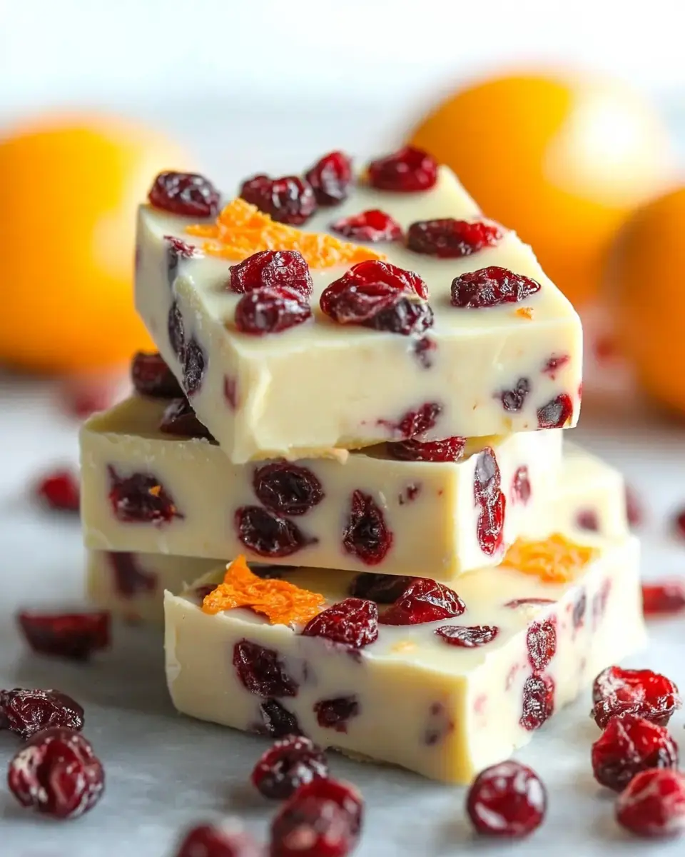 A stack of white chocolate fudge studded with dried cranberries and orange zest, with fresh oranges in the background.