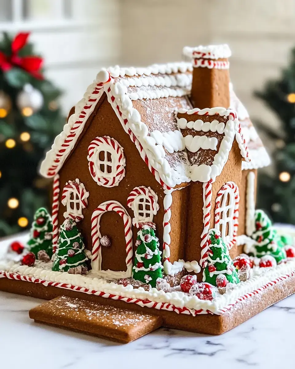 A beautifully decorated gingerbread house surrounded by festive candy trees and festive details.