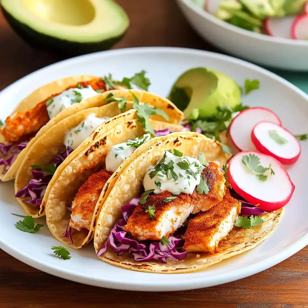 A plate of three fish tacos garnished with cabbage, cilantro, and creamy sauce, accompanied by sliced radishes and half an avocado.