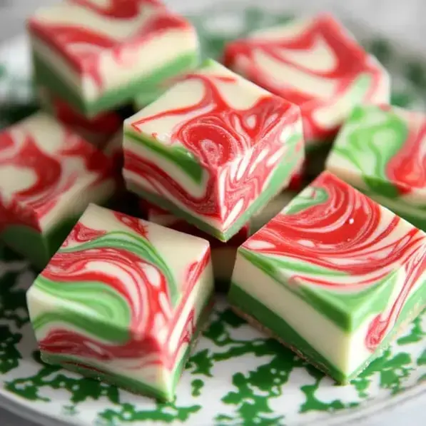 A plate of colorful swirl fudge squares in red, green, and white, arranged artfully.