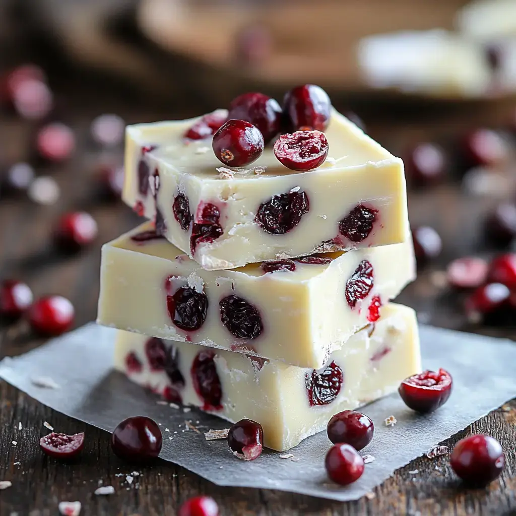 A stack of three squares of white chocolate containing dried cranberries, surrounded by scattered cranberries on a rustic wooden surface.