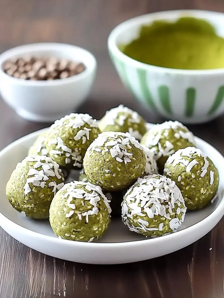 A plate of green energy balls coated with coconut flakes, with bowls of chocolate chips and green mixture in the background.