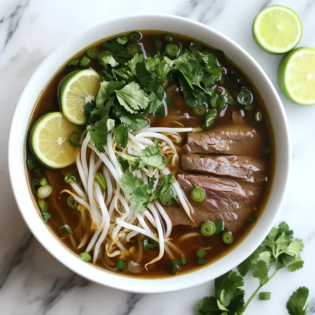 A bowl of pho soup topped with fresh herbs, bean sprouts, lime wedges, and slices of beef, resting on a marble surface.