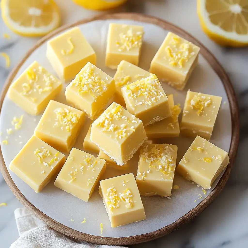 A plate of lemon fudge pieces garnished with lemon zest, surrounded by fresh lemon slices.