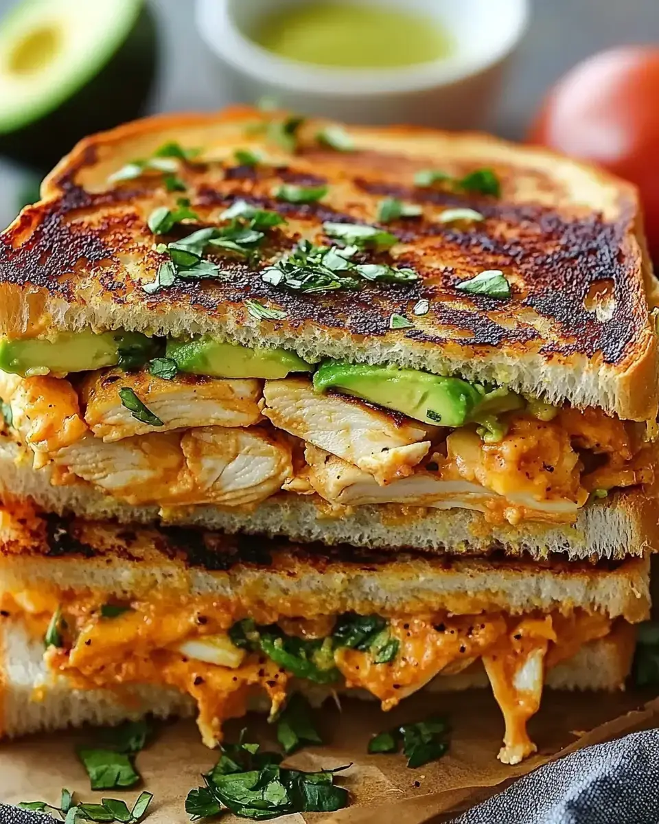 A grilled sandwich filled with shredded chicken, avocado, and herbs is stacked and garnished, with a side of olive oil and a tomato in the background.