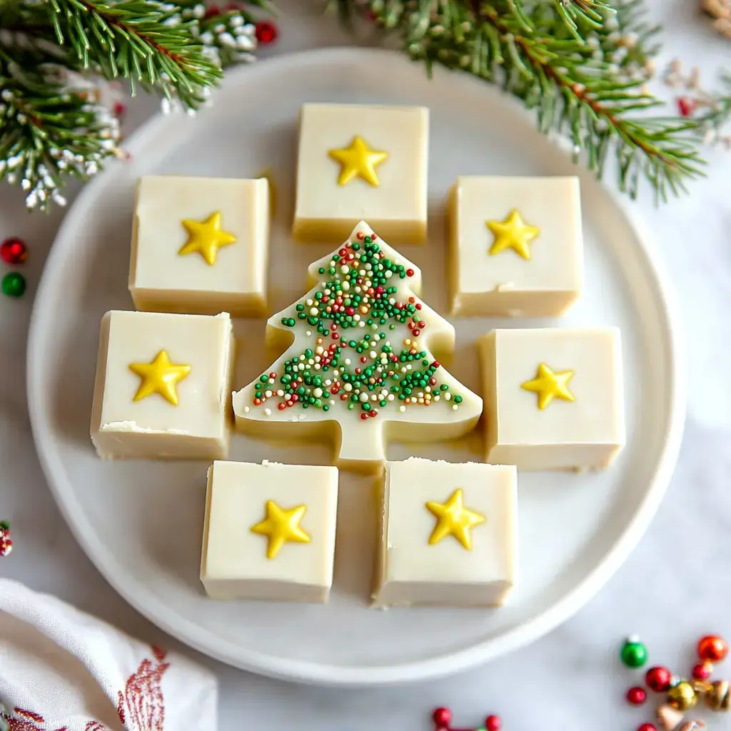 A decorative plate featuring white chocolate treats shaped like a Christmas tree with colorful sprinkles, surrounded by square pieces decorated with yellow star shapes.