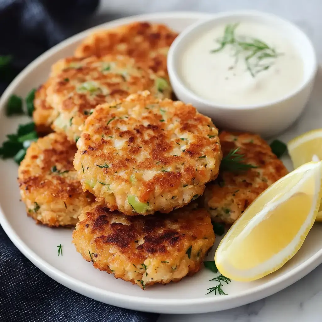 A plate of golden-brown fish cakes garnished with herbs, served with a creamy dipping sauce and lemon wedges.