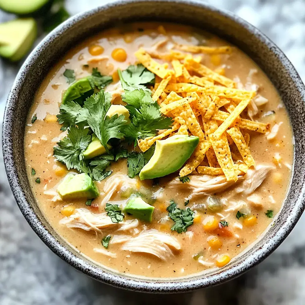 A bowl of creamy chicken soup topped with avocado slices, cilantro, corn, and crispy tortilla strips.