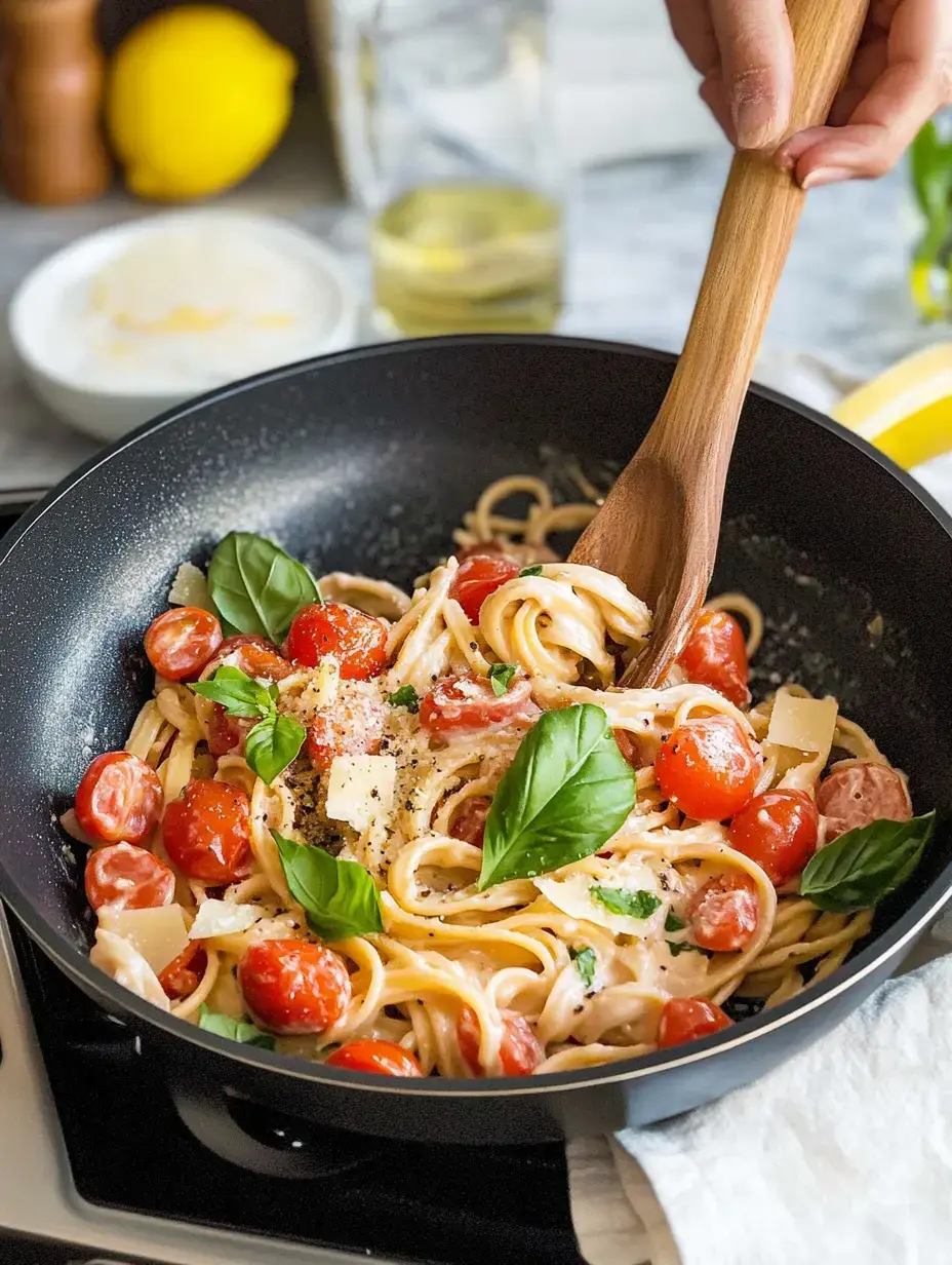 A person stirs a pot of pasta with cherry tomatoes and fresh basil, surrounded by a lemon, olive oil, and grated cheese on a marble countertop.