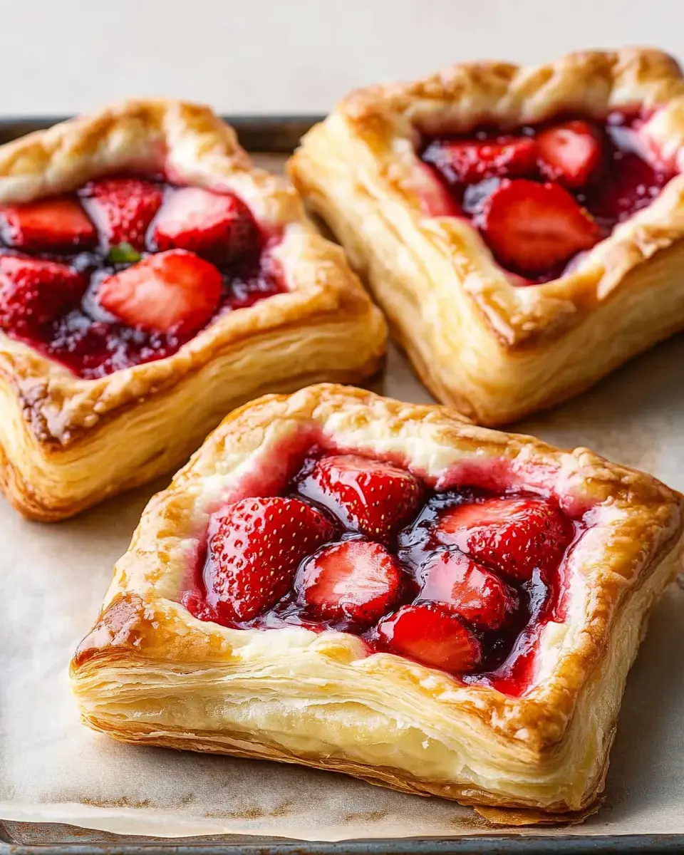 Three flaky pastry tarts filled with fresh strawberries and a glossy fruit glaze are arranged on a baking tray lined with parchment paper.