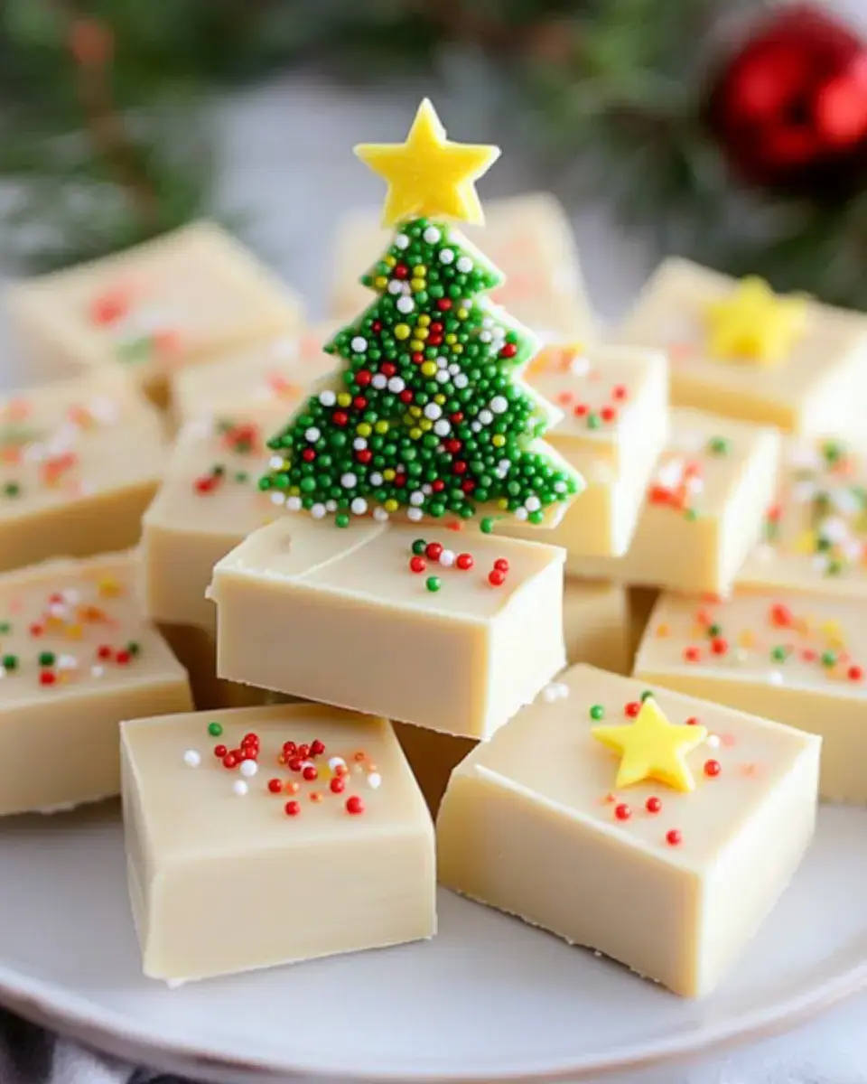 A plate of festive white chocolate fudge decorated with colorful sprinkles and topped with a small Christmas tree made of candy.