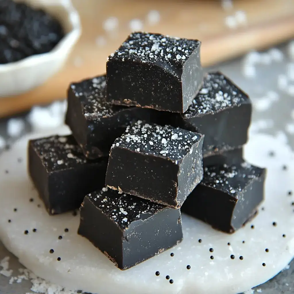 A stack of dark, glossy fudge pieces is topped with coarse salt, sitting on a round white surface with scattered black sprinkles.