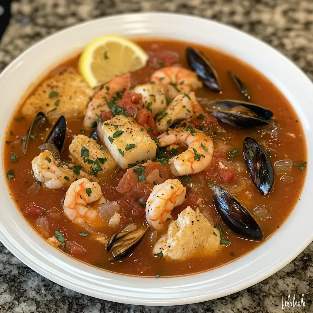 A steaming bowl of seafood stew featuring shrimp, mussels, and fish, garnished with parsley and a slice of lemon.