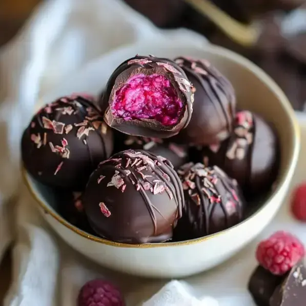 A bowl of chocolate-covered truffles, some with a raspberry filling revealed, garnished with chocolate shavings.