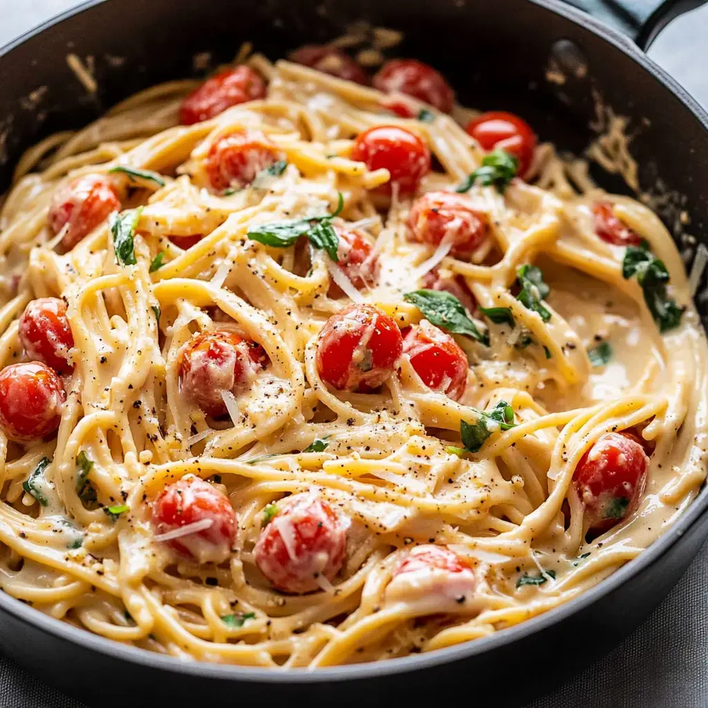 A creamy pasta dish with spaghetti, cherry tomatoes, and fresh basil in a black pan.