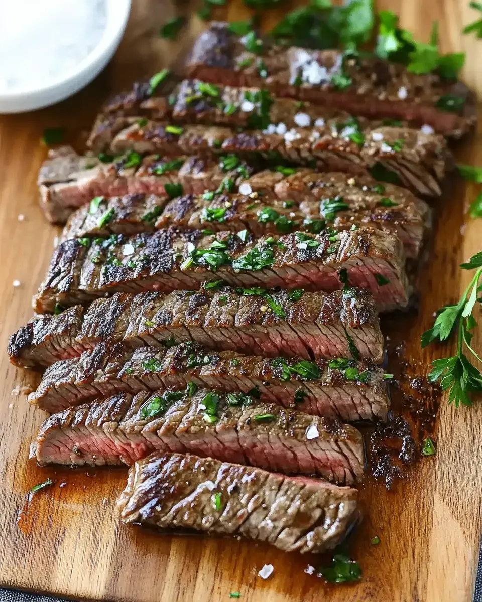 Sliced grilled steak garnished with herbs and sprinkled with salt on a wooden cutting board.