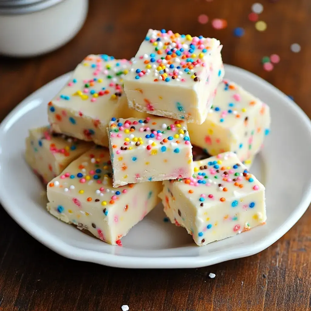 A pile of colorful, sprinkled fudge squares is displayed on a white plate against a wooden background.