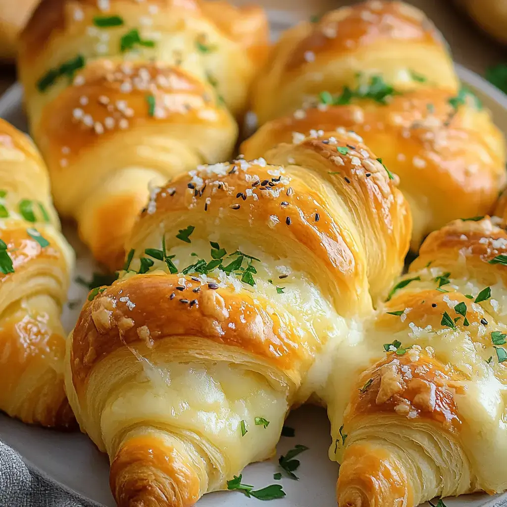 A plate of freshly baked, golden-brown croissants topped with herbs and cheese.