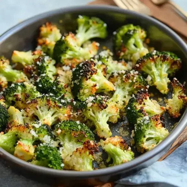 A dish of roasted broccoli florets, lightly browned and sprinkled with breadcrumbs, served in a round black baking dish.