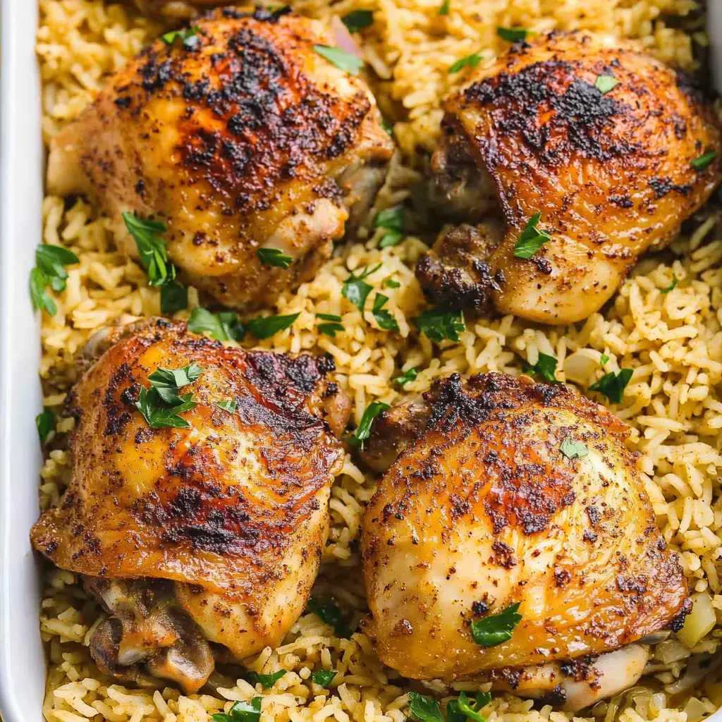 A close-up view of seasoned, crispy chicken thighs served on a bed of fluffy rice, garnished with chopped parsley.