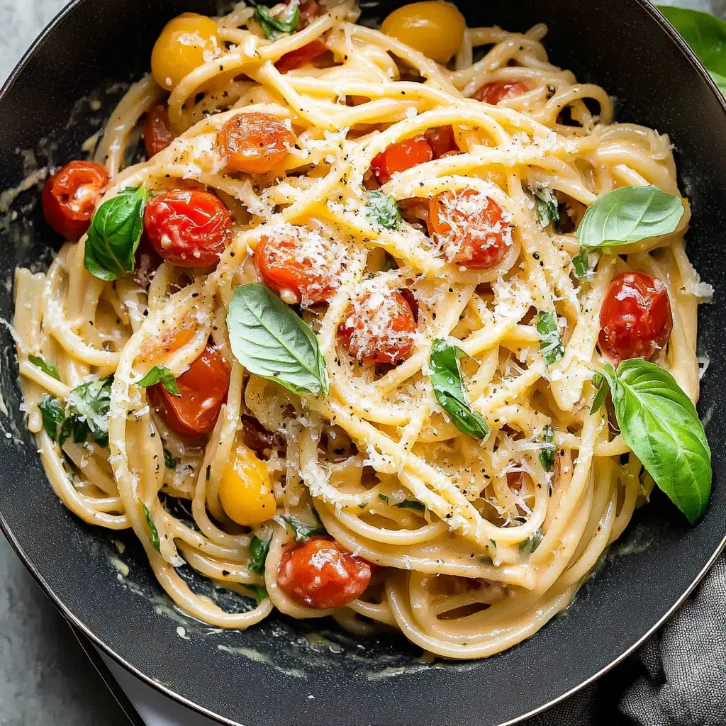 A serving of spaghetti is topped with cherry tomatoes, fresh basil, and grated cheese, presented in a black bowl.