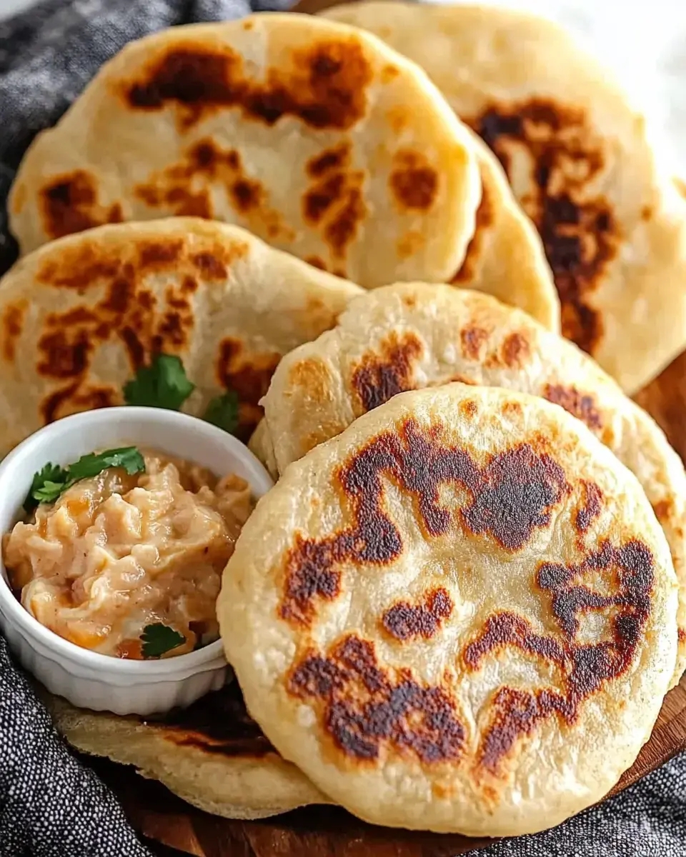 A plate of freshly cooked flatbreads is accompanied by a small bowl of creamy dip garnished with cilantro.