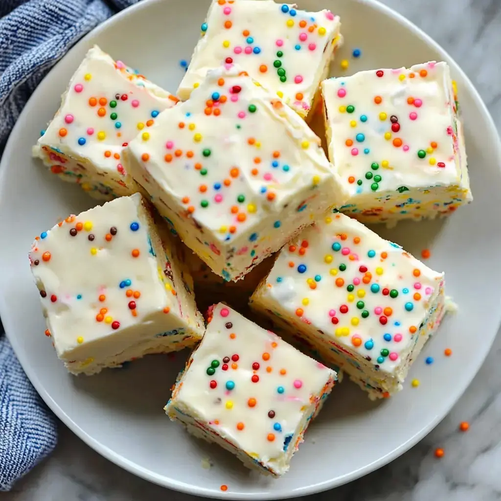 A plate of colorful, frosted dessert squares topped with rainbow sprinkles.