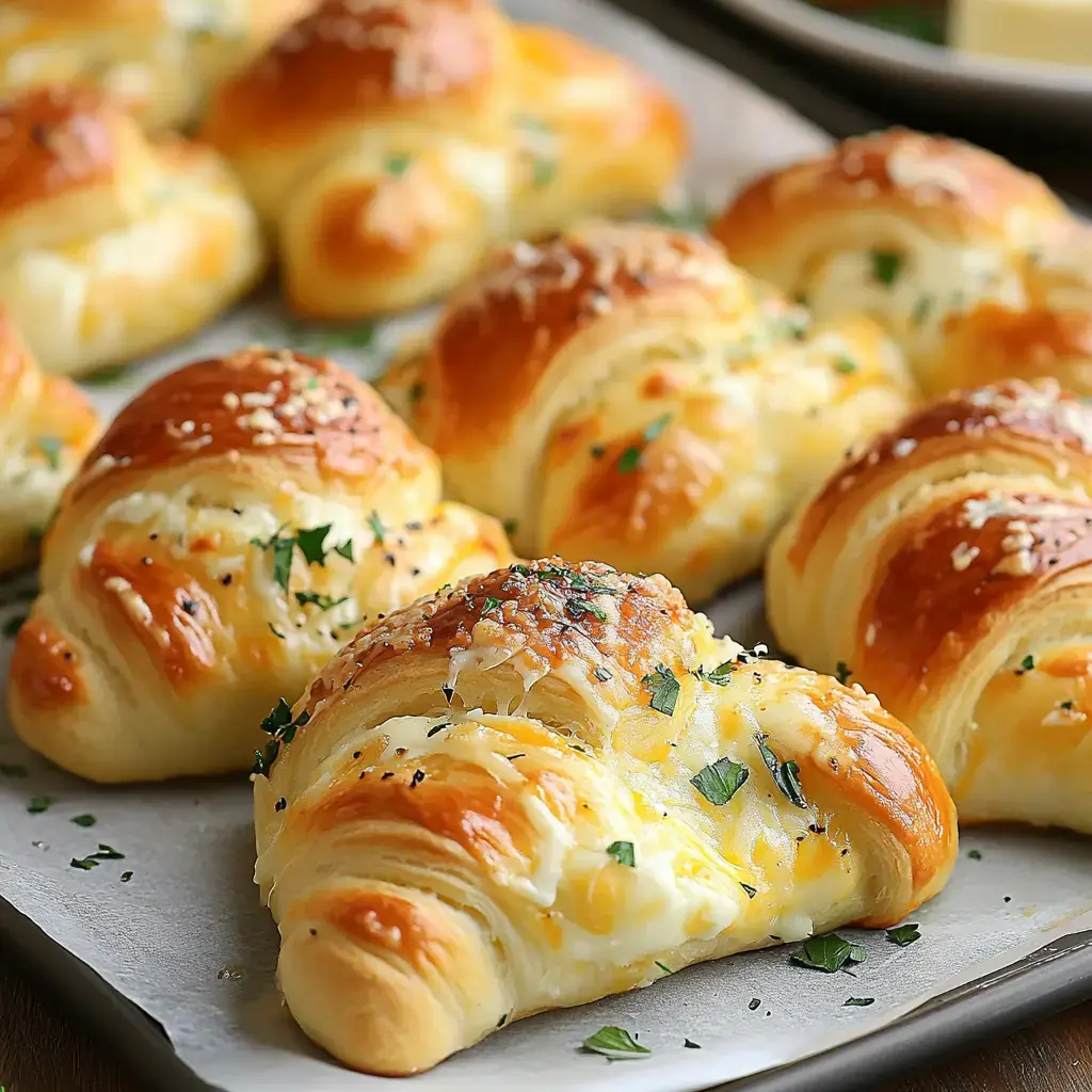 A tray of freshly baked, golden-brown crescent rolls topped with herbs and cheese.