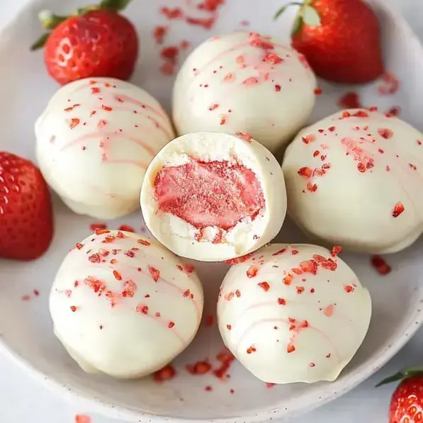 A plate of white chocolate-dipped truffles filled with pink strawberry-flavored cream, with whole strawberries scattered around.