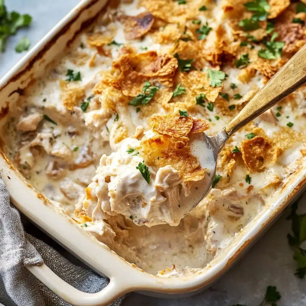 A serving spoon lifts creamy chicken casserole topped with crunchy cornflakes and fresh parsley from a baking dish.