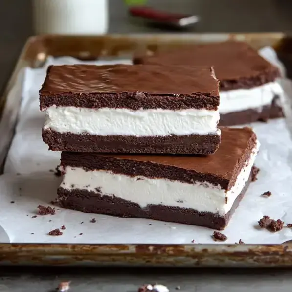 Three layered chocolate dessert squares are stacked on parchment paper, featuring chocolate topping, creamy white filling, and a chocolate base.