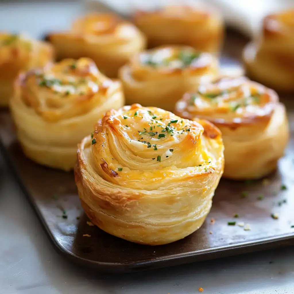 A tray of golden, flaky pastry rolls topped with herbs.