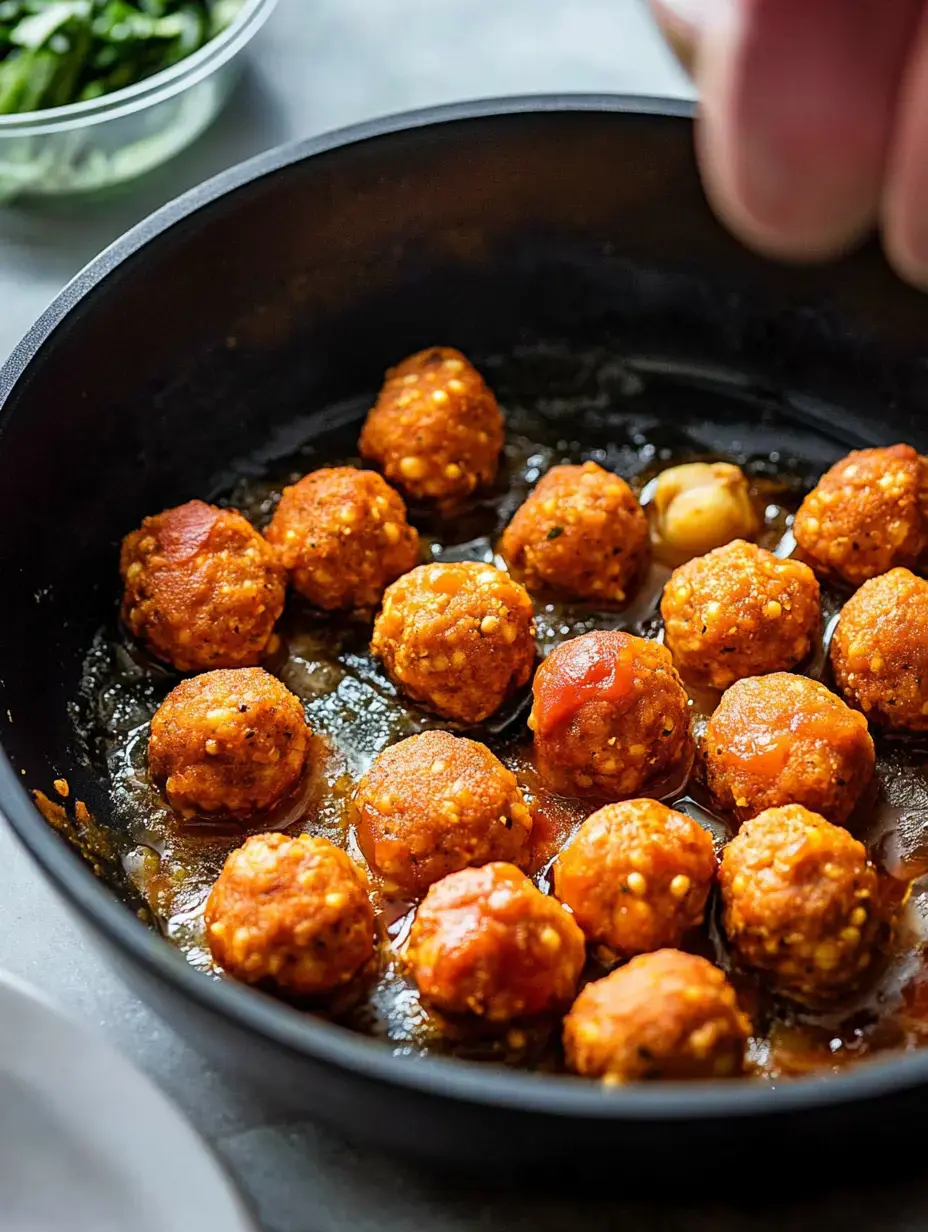 A close-up of a skillet filled with golden-brown meatballs simmering in sauce, with a hand adding ingredients in the background.