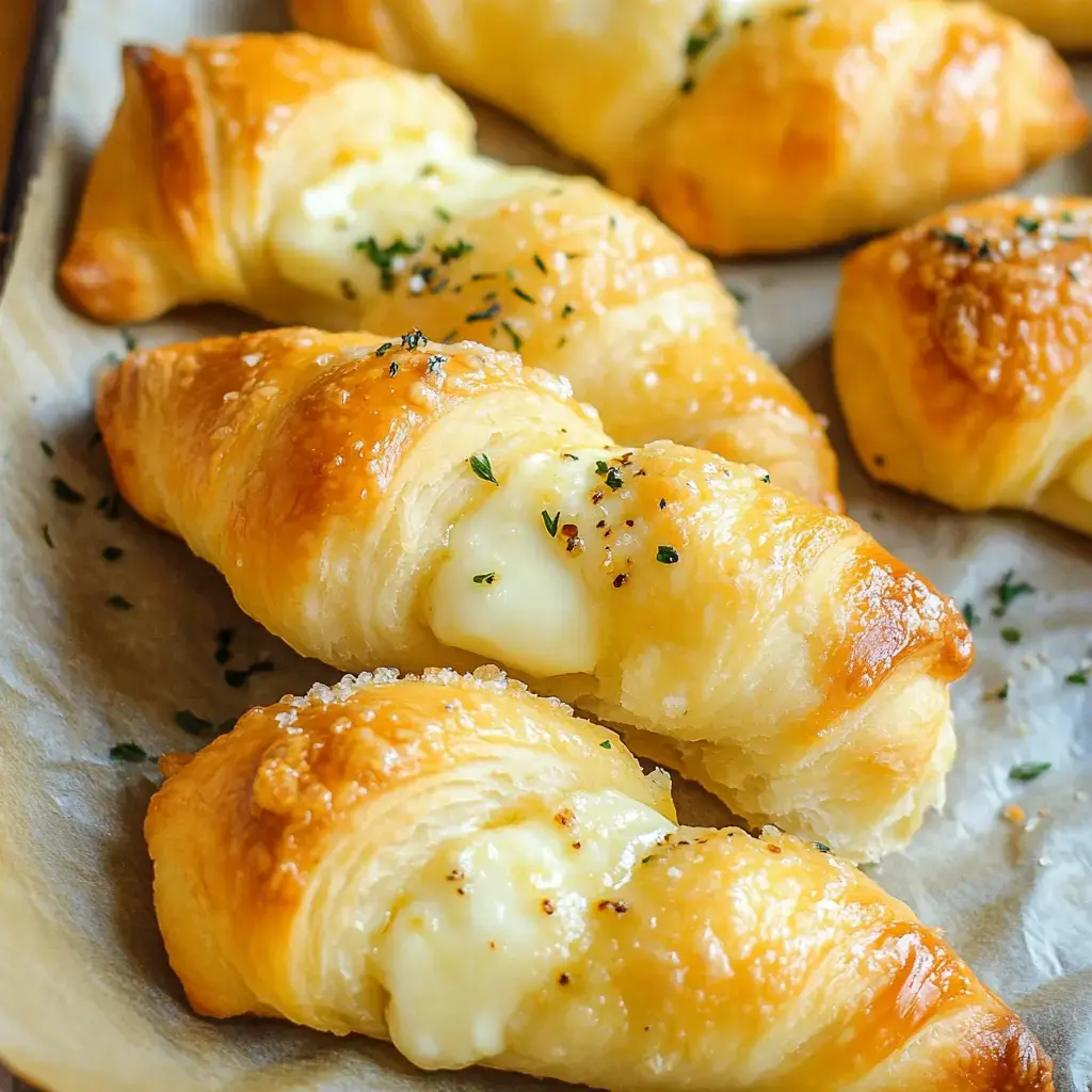 A close-up of golden-brown, flaky pastry rolls filled with creamy cheese, garnished with herbs and sprinkled with salt.