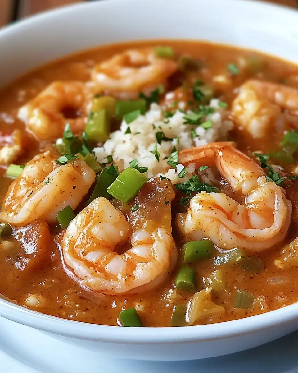 A close-up of a bowl of shrimp gumbo featuring shrimp, green peppers, and garnished with fresh herbs.